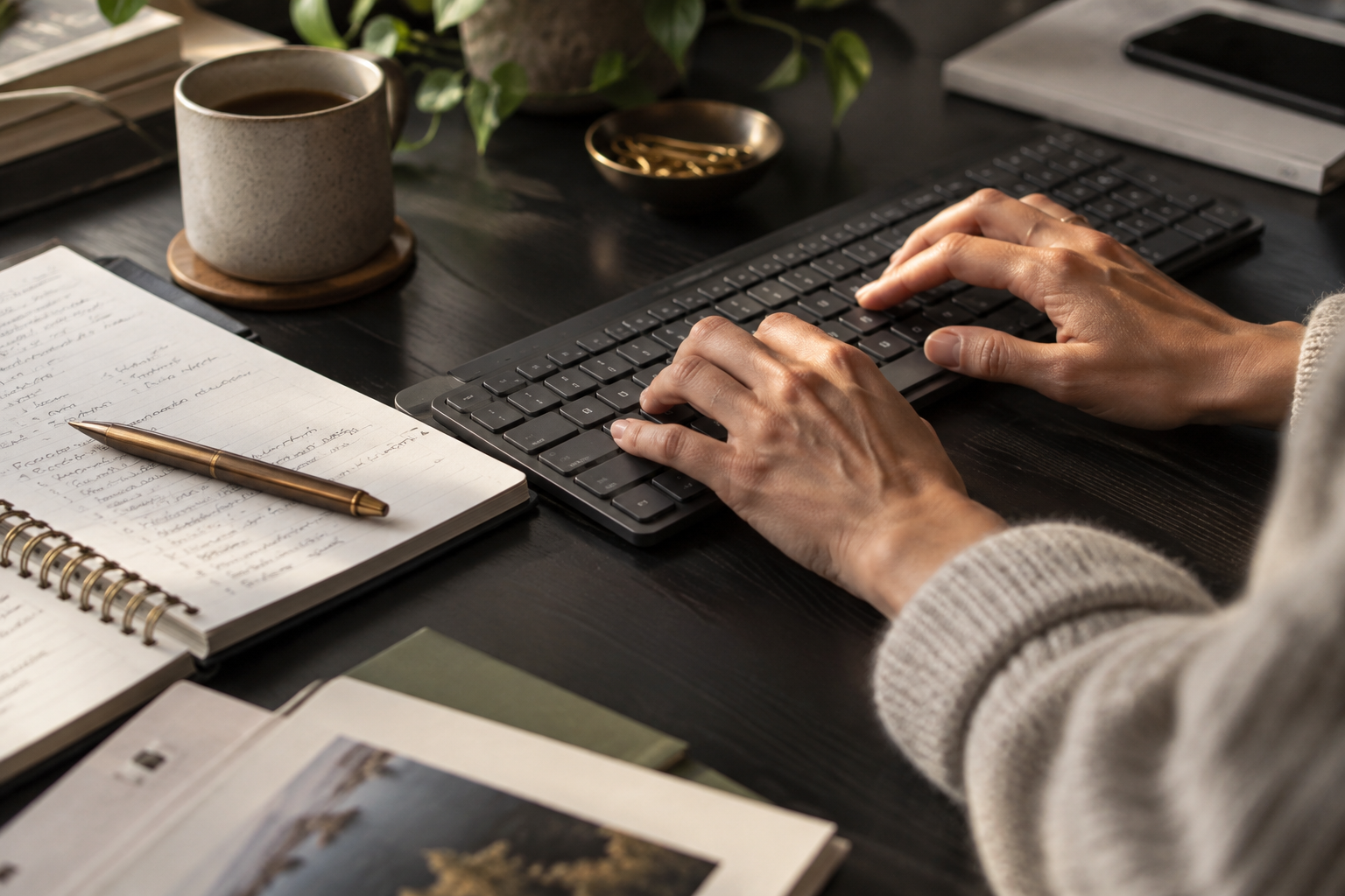Hands organizing notes while working at a keyboard