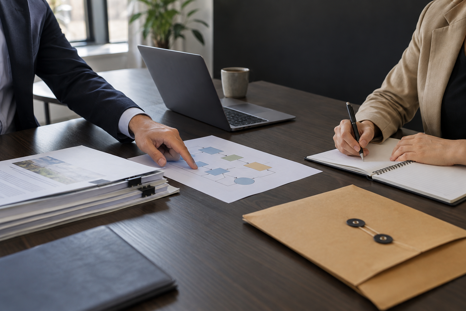 Two professionals reviewing an organized workflow