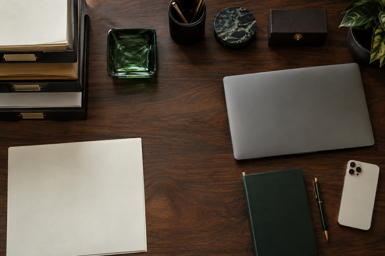 Precisely organized working desk viewed from above