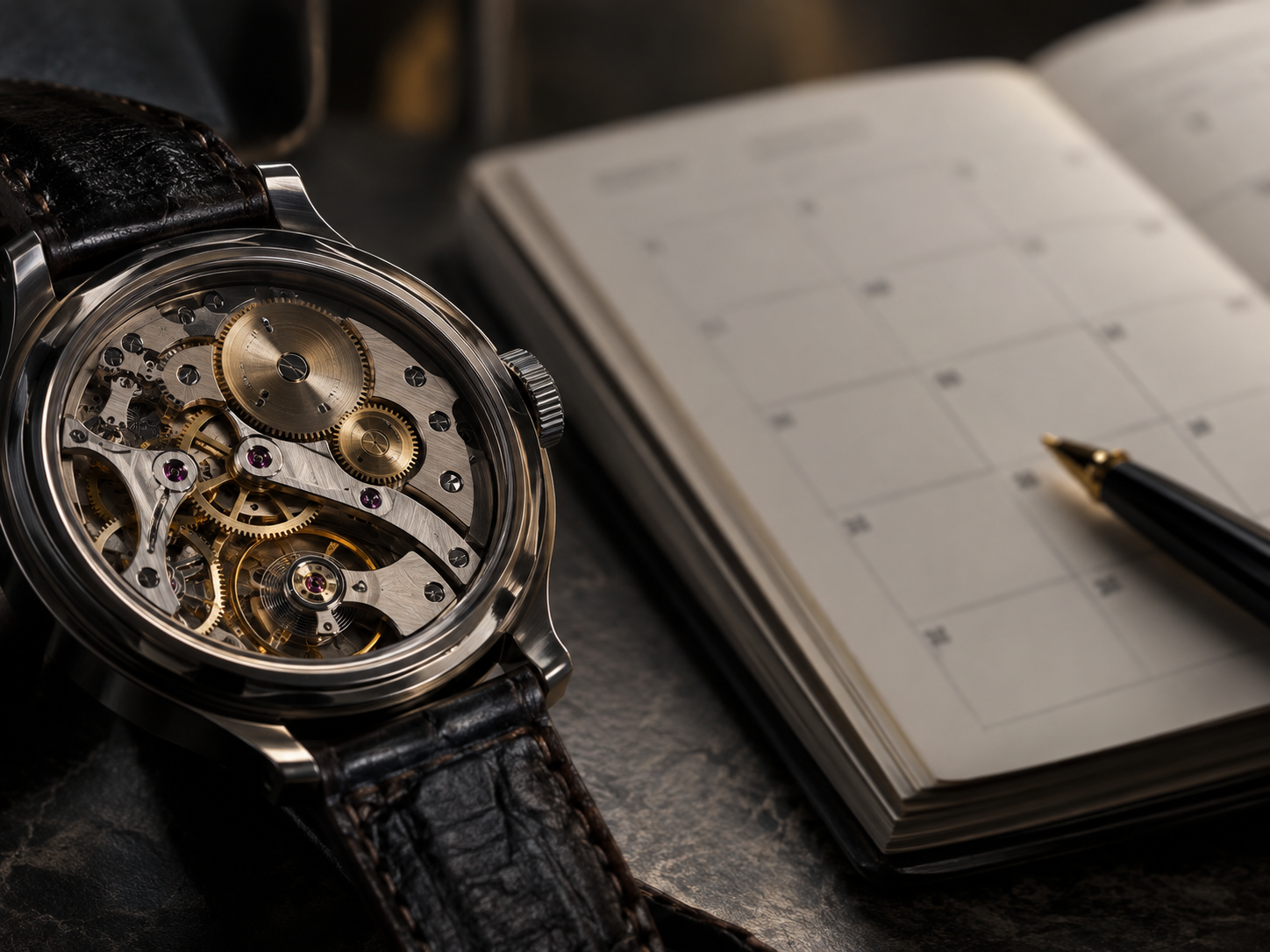 Watch mechanism beside an open calendar