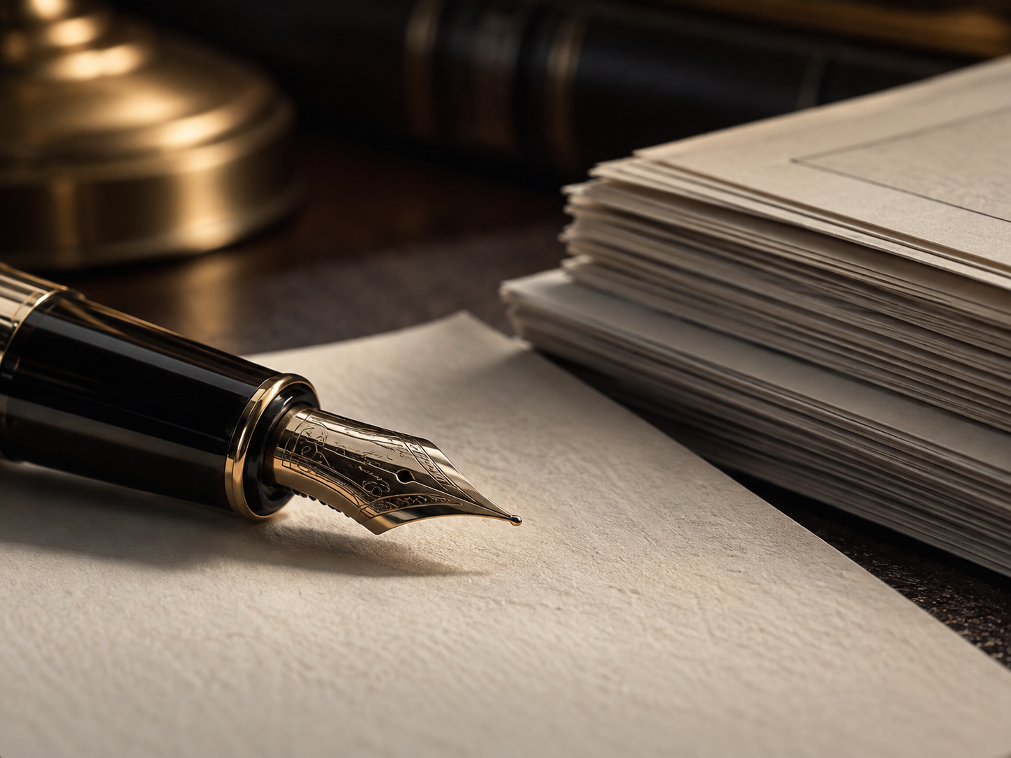 Fountain pen and organized document stack