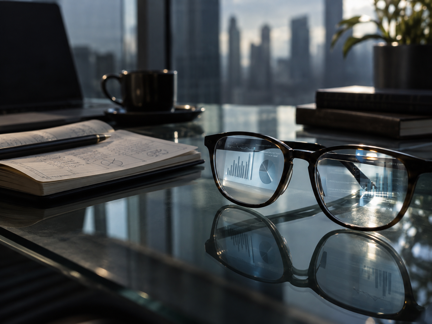 Business research reflected in eyeglasses