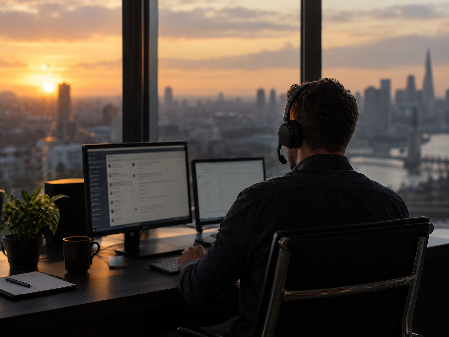 Customer support professional at a workstation